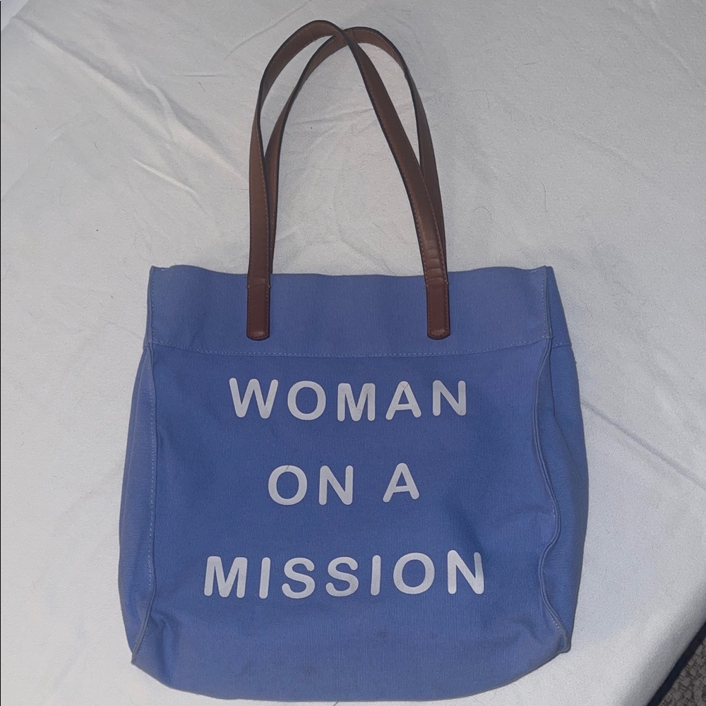 Blue Canvas Tote Bag with Brown Handles